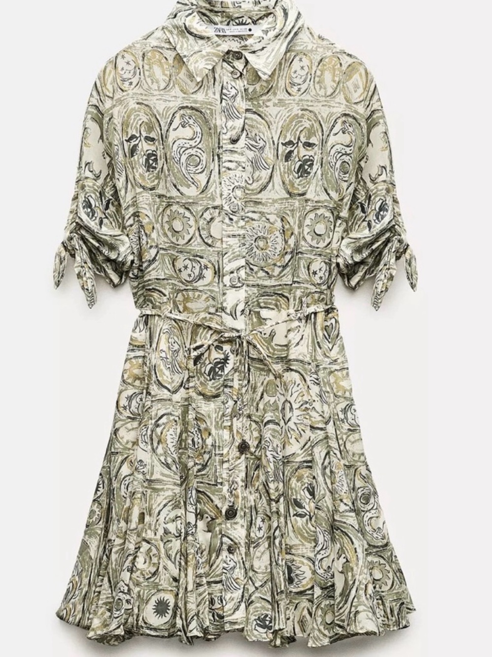 Zara Olive and Beige Astrology Printed Short-Sleeve dress M